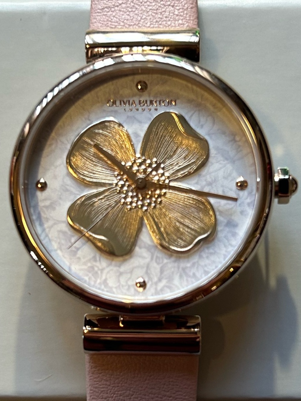 Olivia Burton Watch 34mm Face Gold Tone 3D Flower & Pink Leather Band
